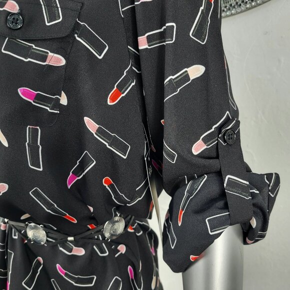 NWT~$70~KARL LAGERFELD~M~BLACK RED PINK LIPSTICK TUNIC TOP BLOUSE SHIRT - Picture 6 of 16